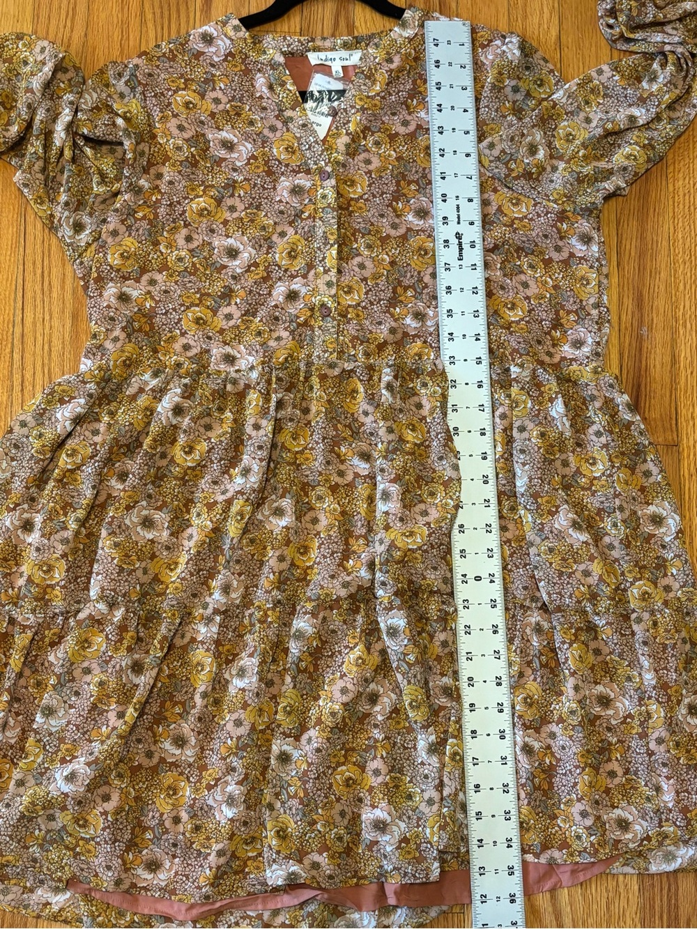 Indigo Soul Mustard Floral Tiered Long Sleeve Boho Mini Dress XL NWT - Picture 9 of 10